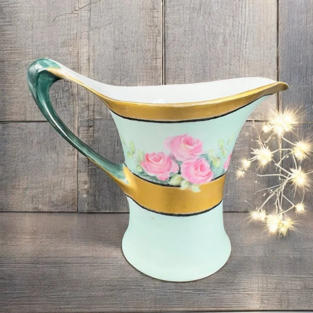 HR Cacilie Bavaria Germany Pitcher Jug Gold Trim Floral Pattern Favorite Marked‎